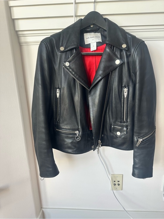The Arrivals Jackets & Blazers - The Arrivals Black Leather Moto Jacket with Red Lining excellent condition.
